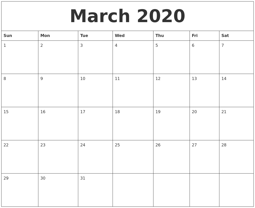 April 2020 Large Printable Calendar