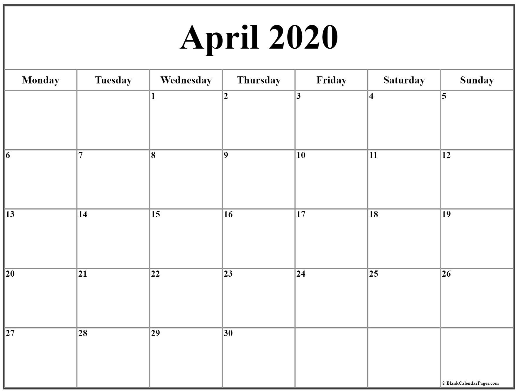 april 2020 monday calendar | monday to sunday
