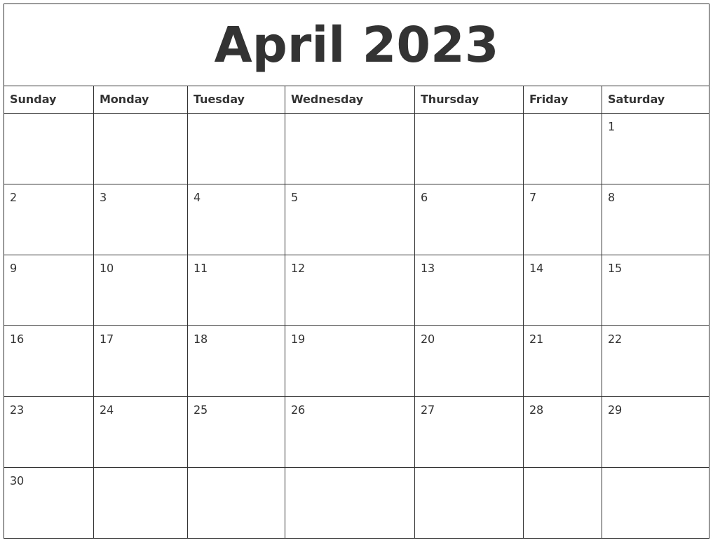 April 2023 Blank Monthly Calendar Template