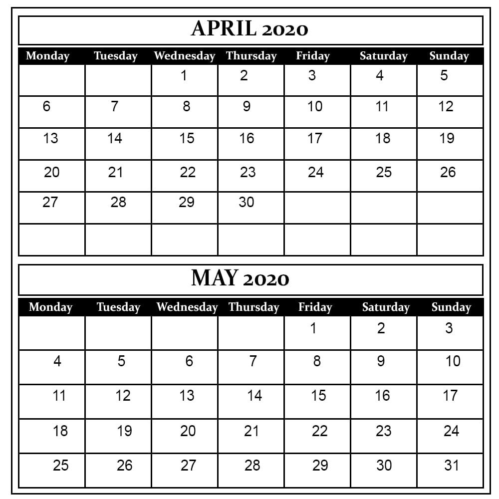 April And May 2020 Printable Calendar 2 Month Calendar