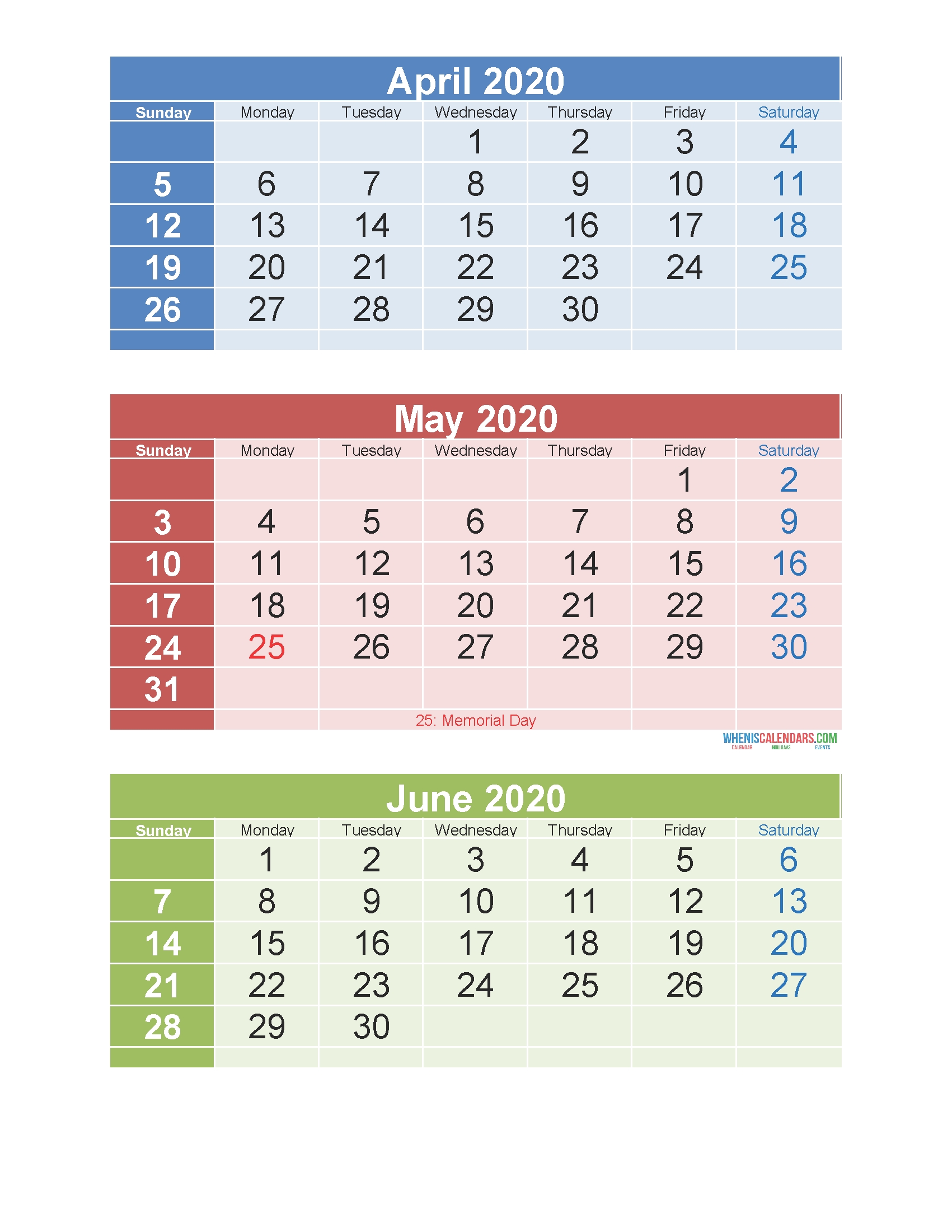 april may june 2020 calendar 3 months per page printable