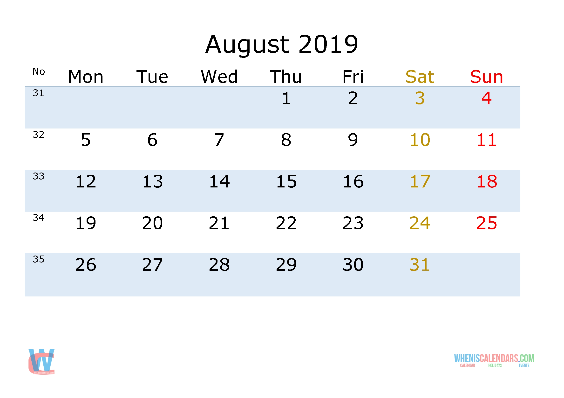 august 2019 printable monthly calendar with week numbers