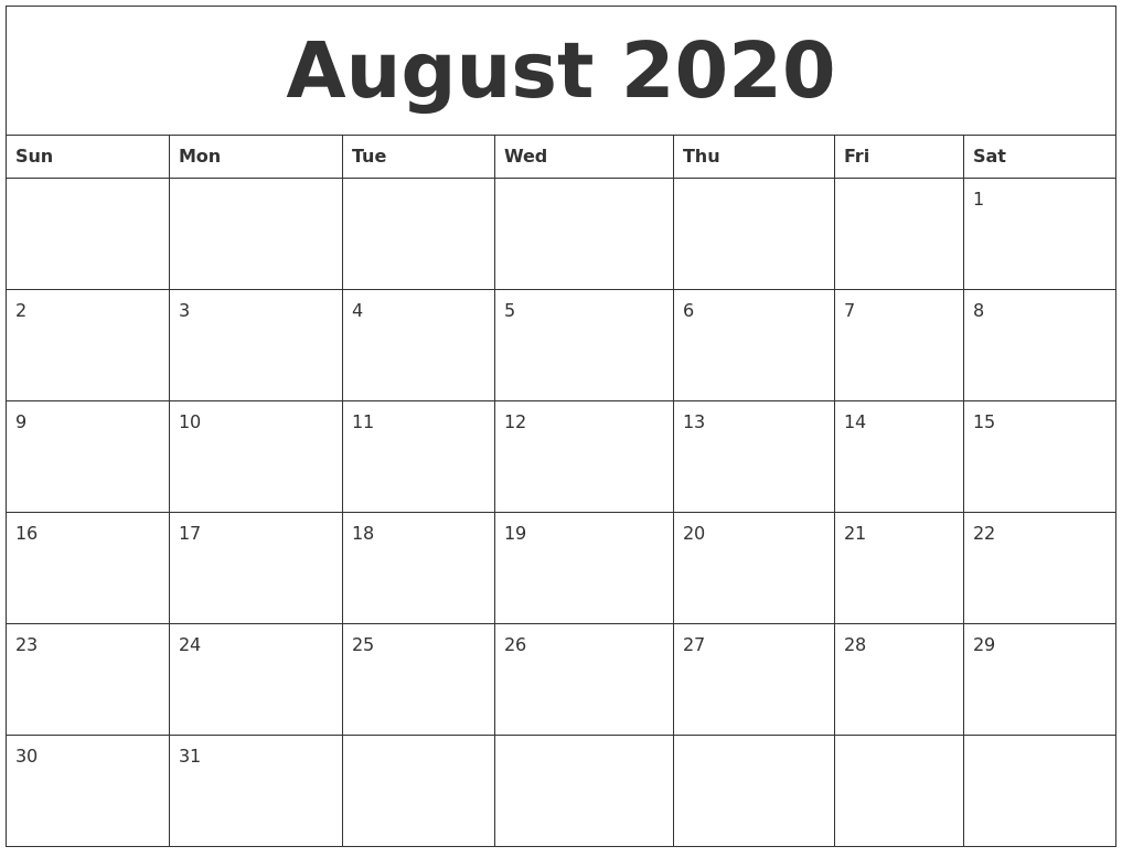 August 2020 Editable Calendar Template