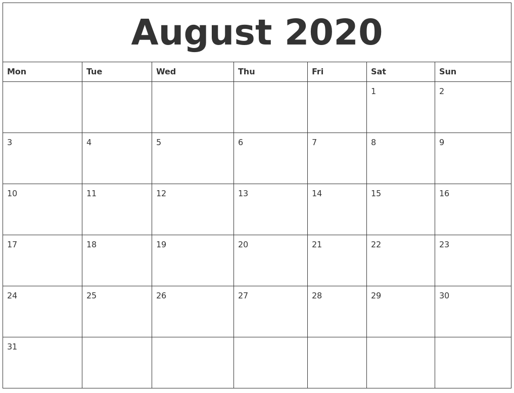 august 2020 editable calendar template