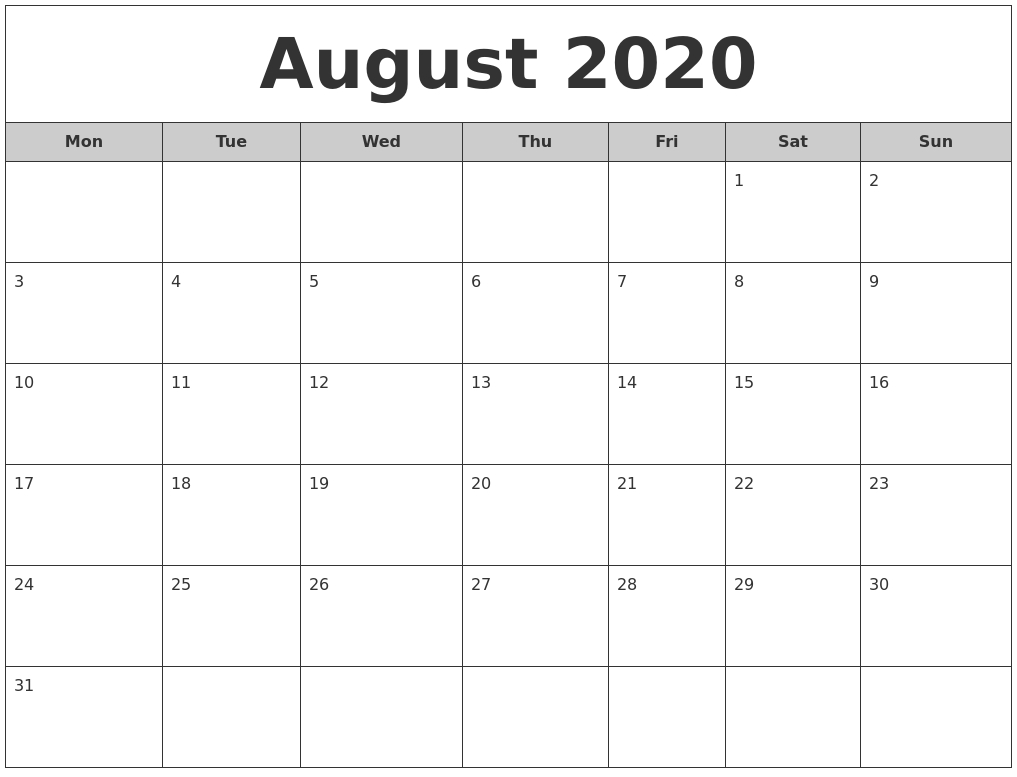 August 2020 Free Monthly Calendar