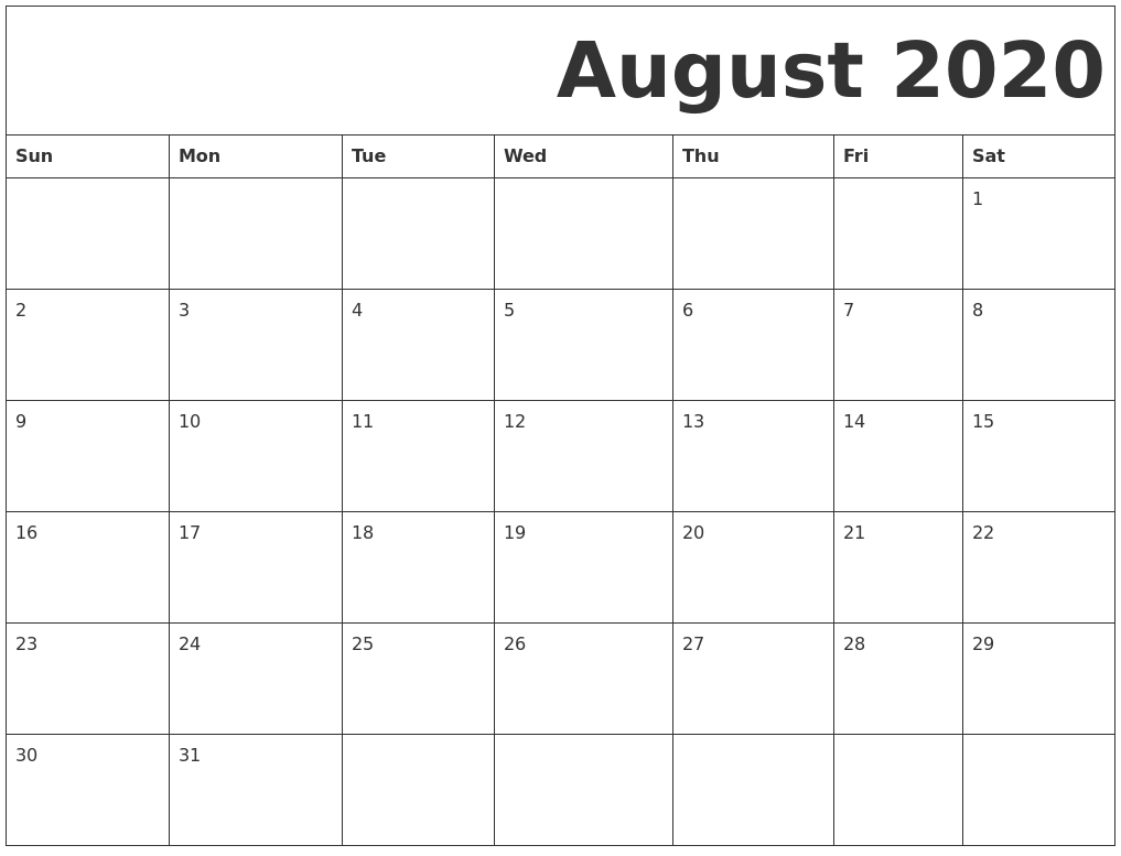 august 2020 free printable calendar