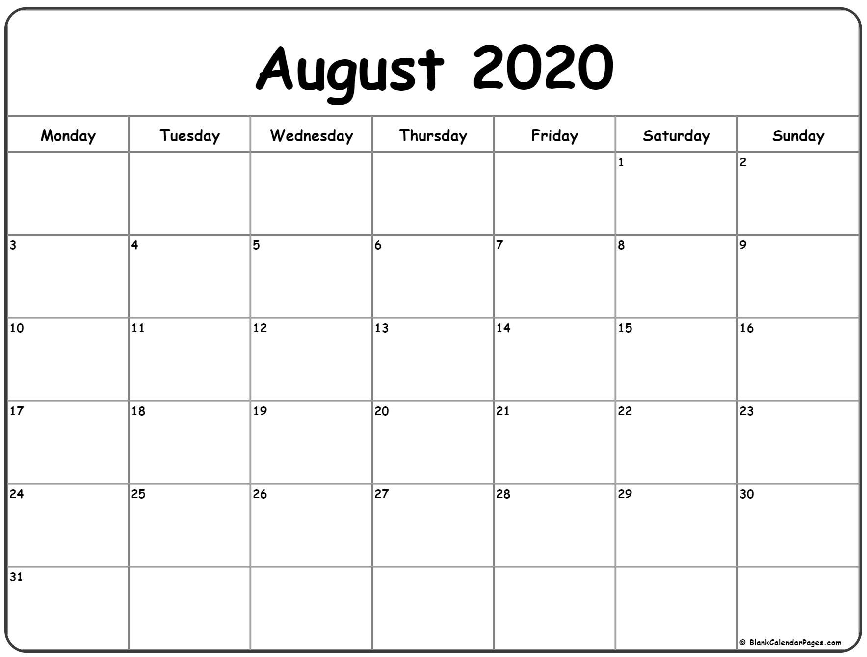 August 2020 Monday Calendar | Monday To Sunday