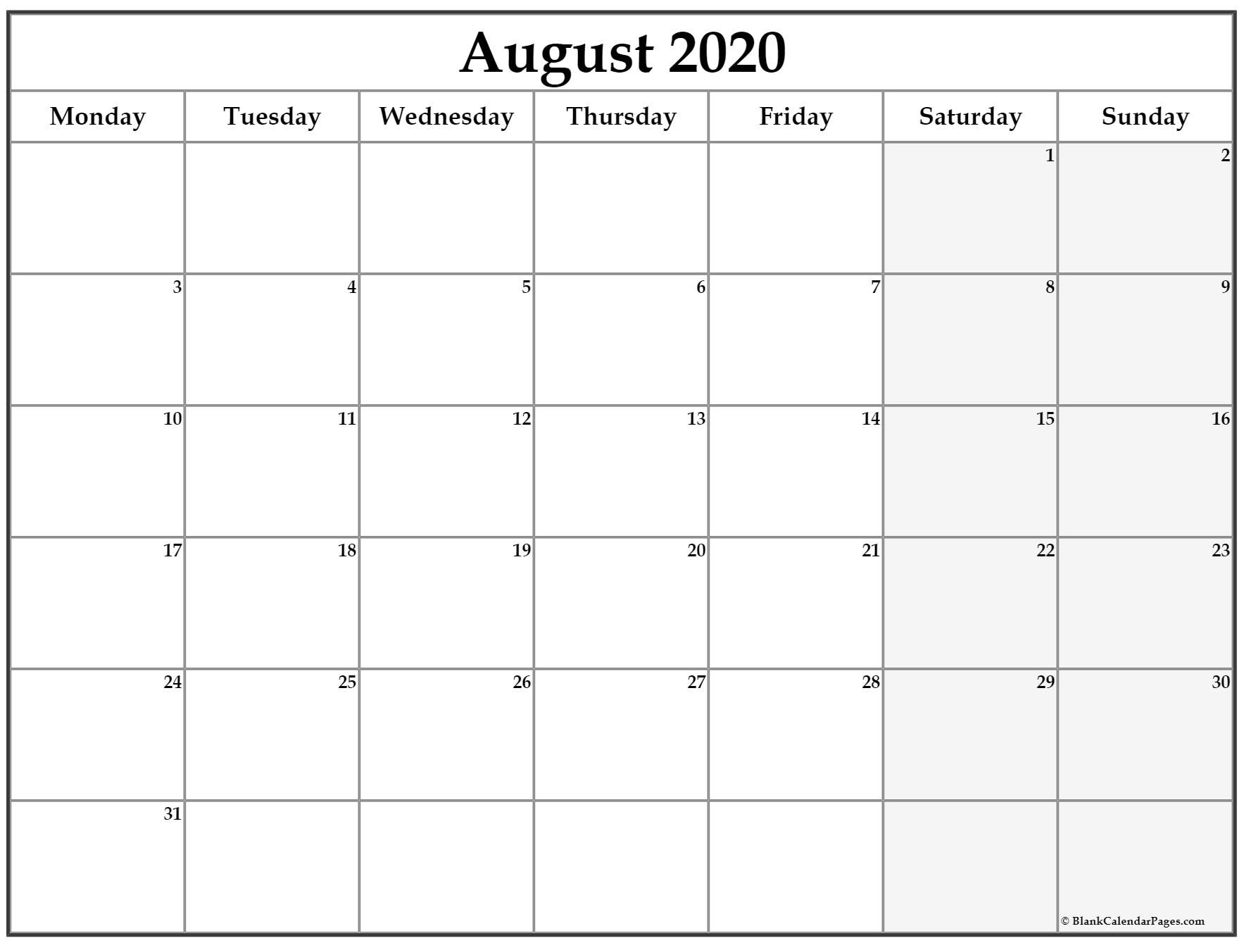 august 2020 monday calendar | monday to sunday