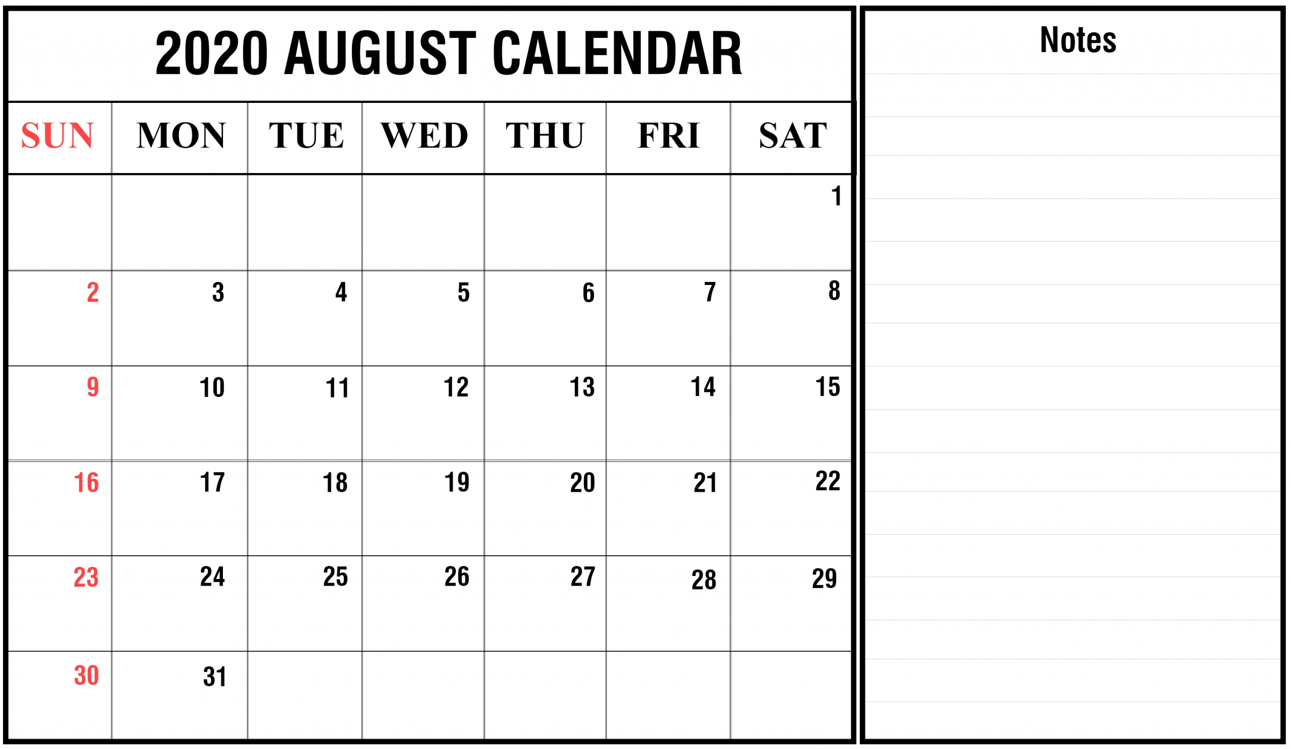 August 2020 Printable Calendar Pdf | Blank Printable