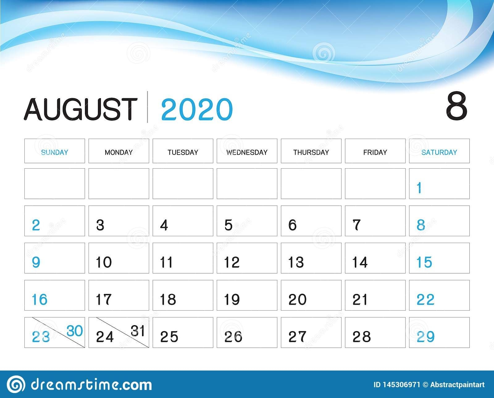 August 2020 Year Template, Calendar 2020 Vector, Desk