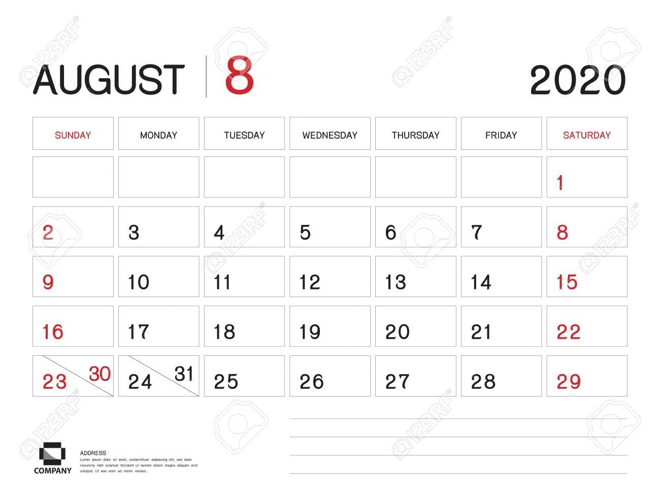 August 2020 Year Template, Calendar 2020 Vector, Desk Calendar