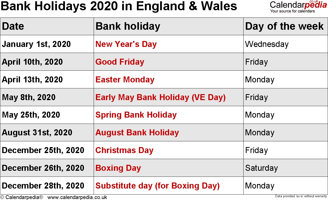 Bank Holidays 2020 In The Uk, With Printable Templates
