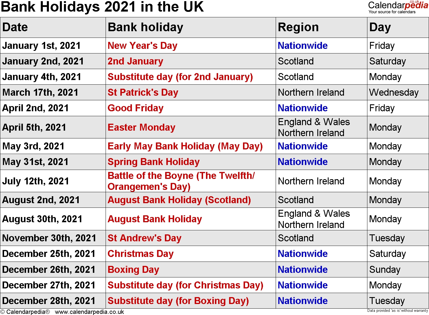 bank holidays 2021 in the uk, with printable templates