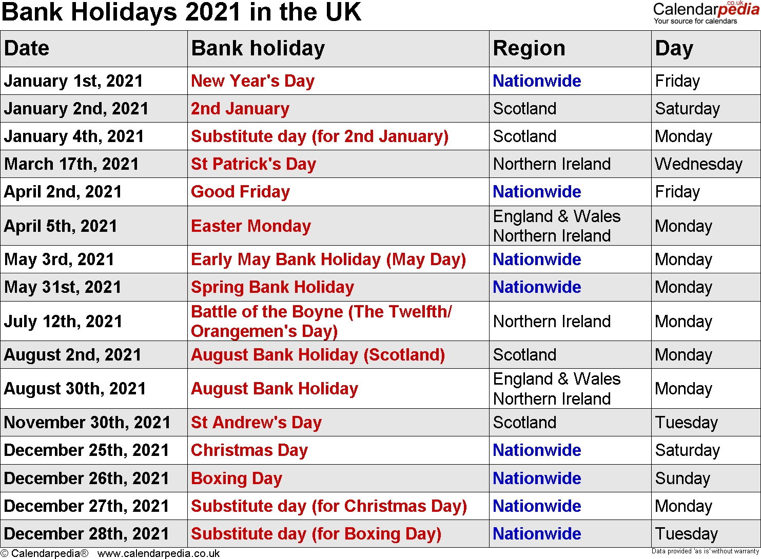 Bank Holidays 2021 In The Uk, With Printable Templates