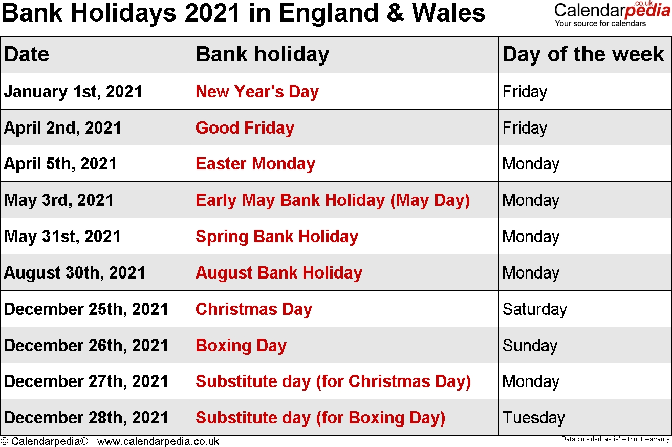 bank holidays 2021 in the uk, with printable templates