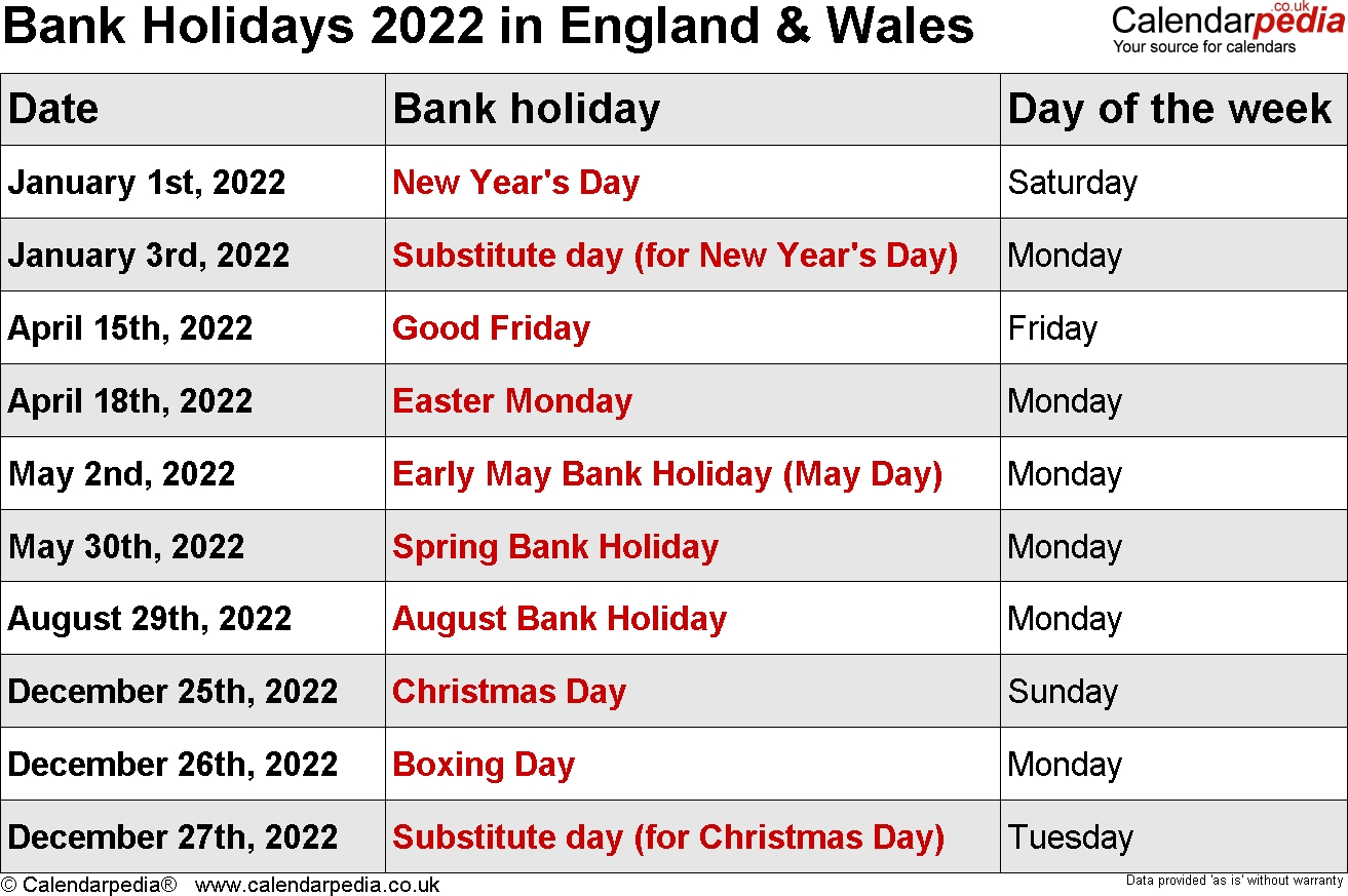 bank holidays 2022 in the uk, with printable templates