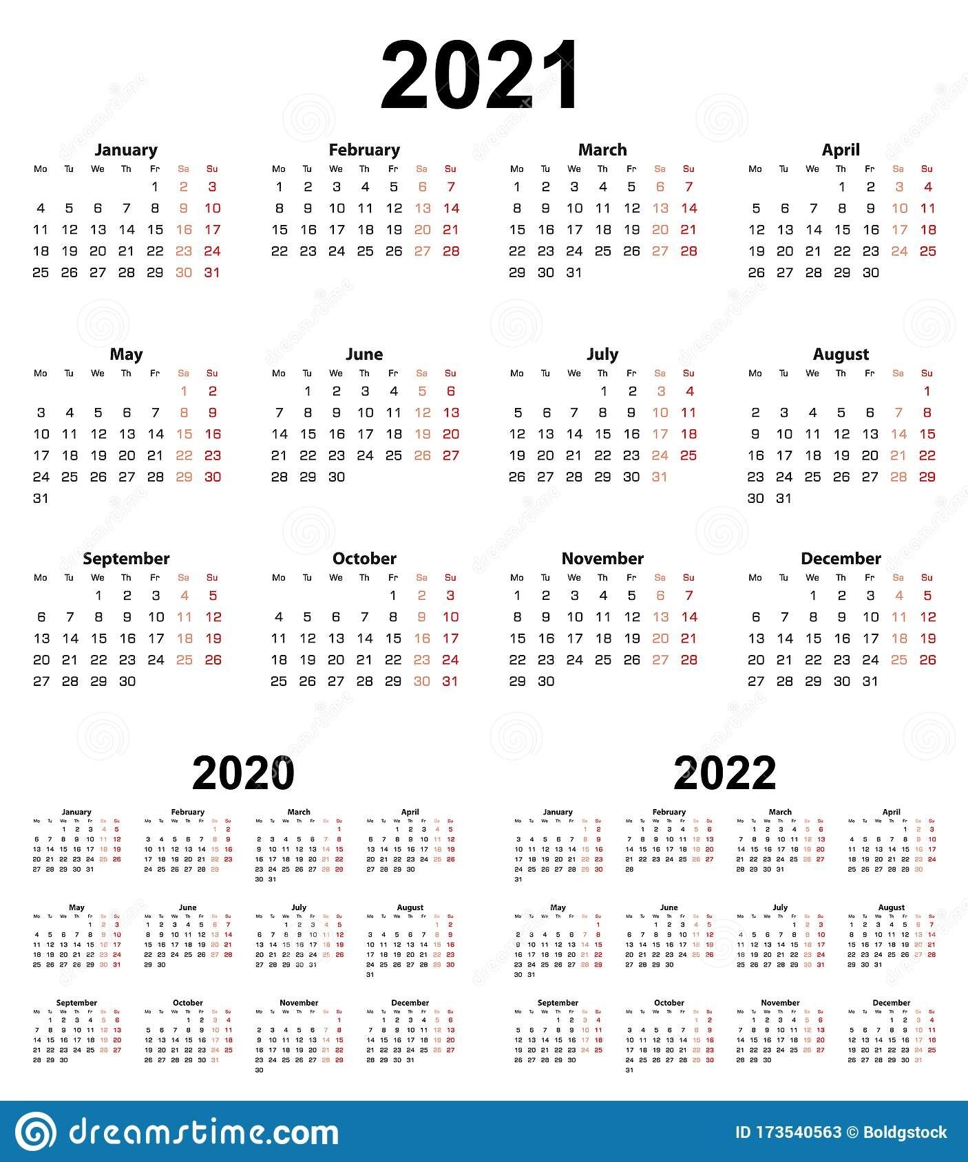 Basic Calendar For Year 2021 And 2020, 2022 Week Starts On