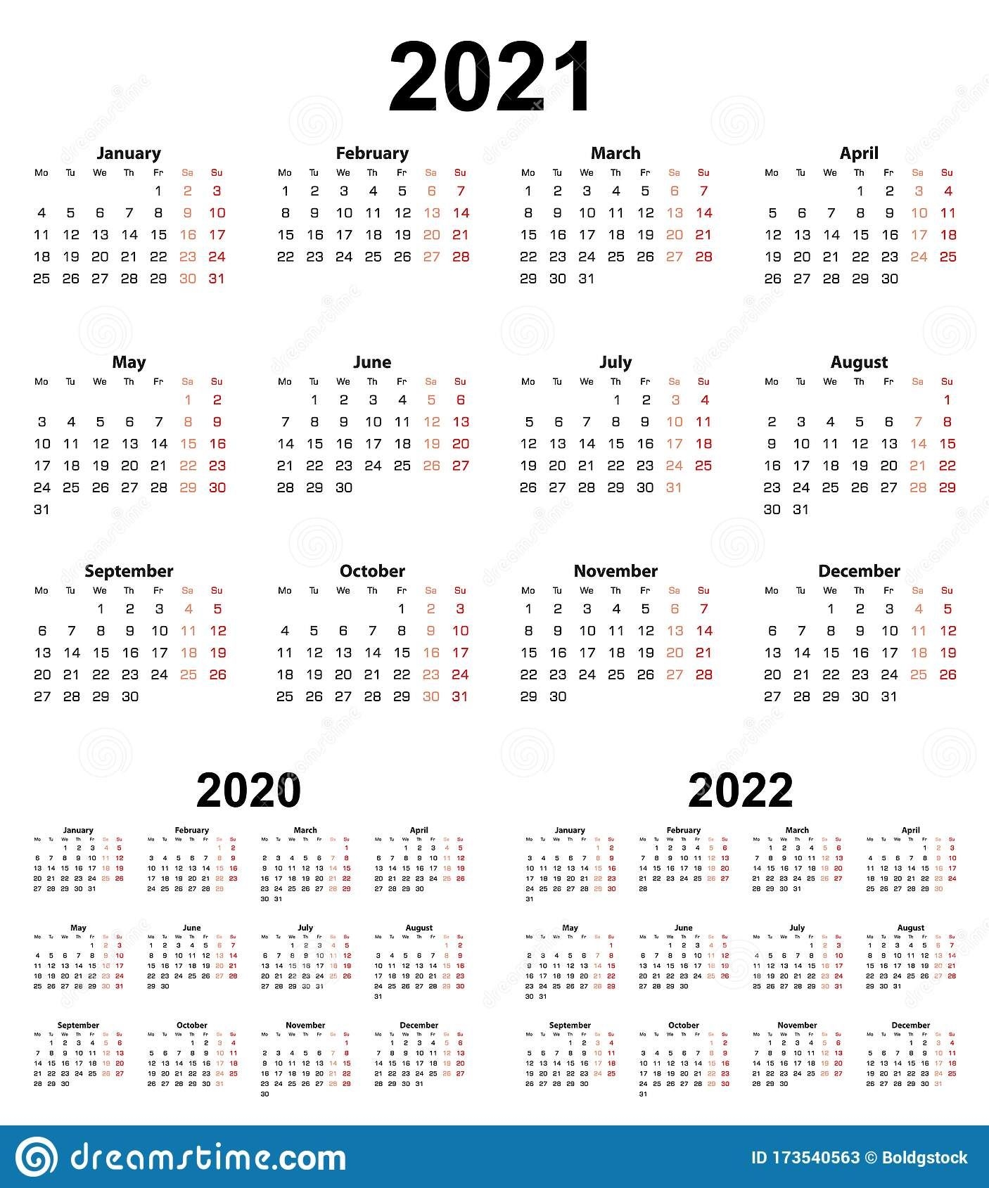 basic calendar for year 2021 and 2020, 2022 week starts on