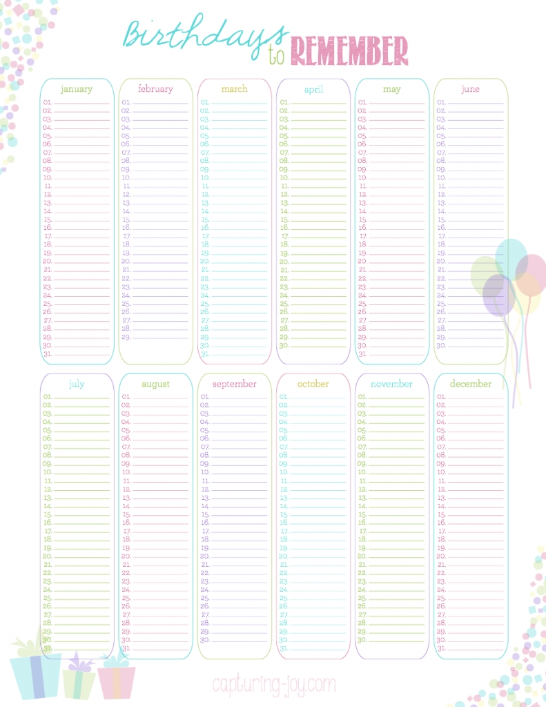 Birthdays To Remember Yearly Calendar {free Printable