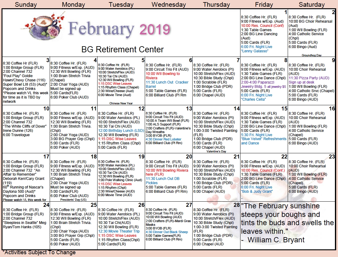 Bishop's Glen February Calendar Bishop's Glen Retirement