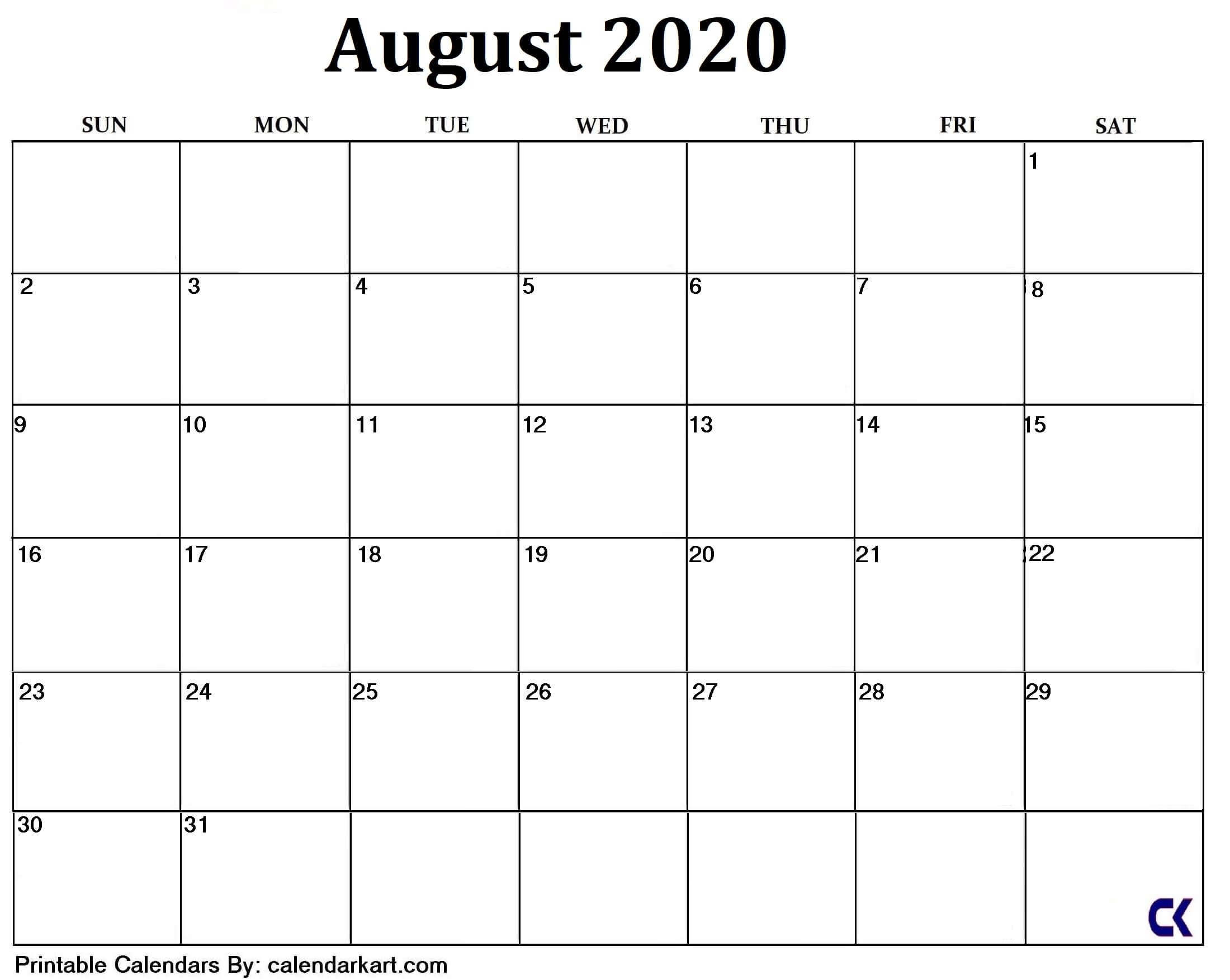 Blank August 2020 Calendar Printable | Teaching Resources