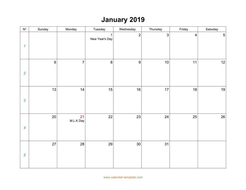 blank calendar 2019