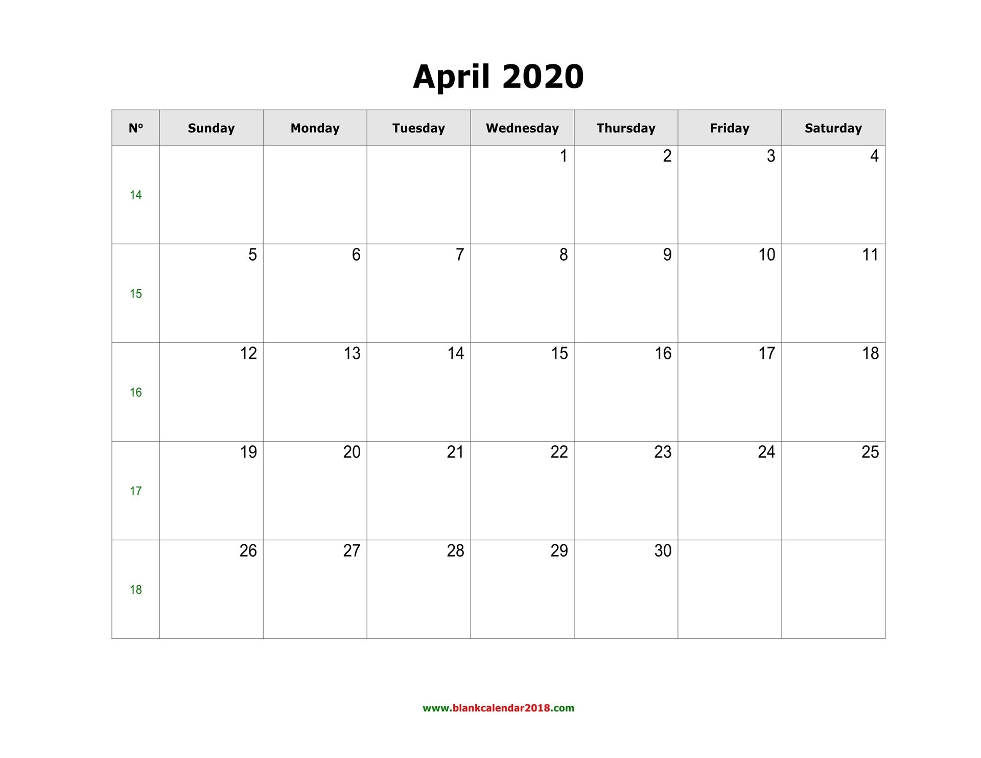 blank calendar for april 2020