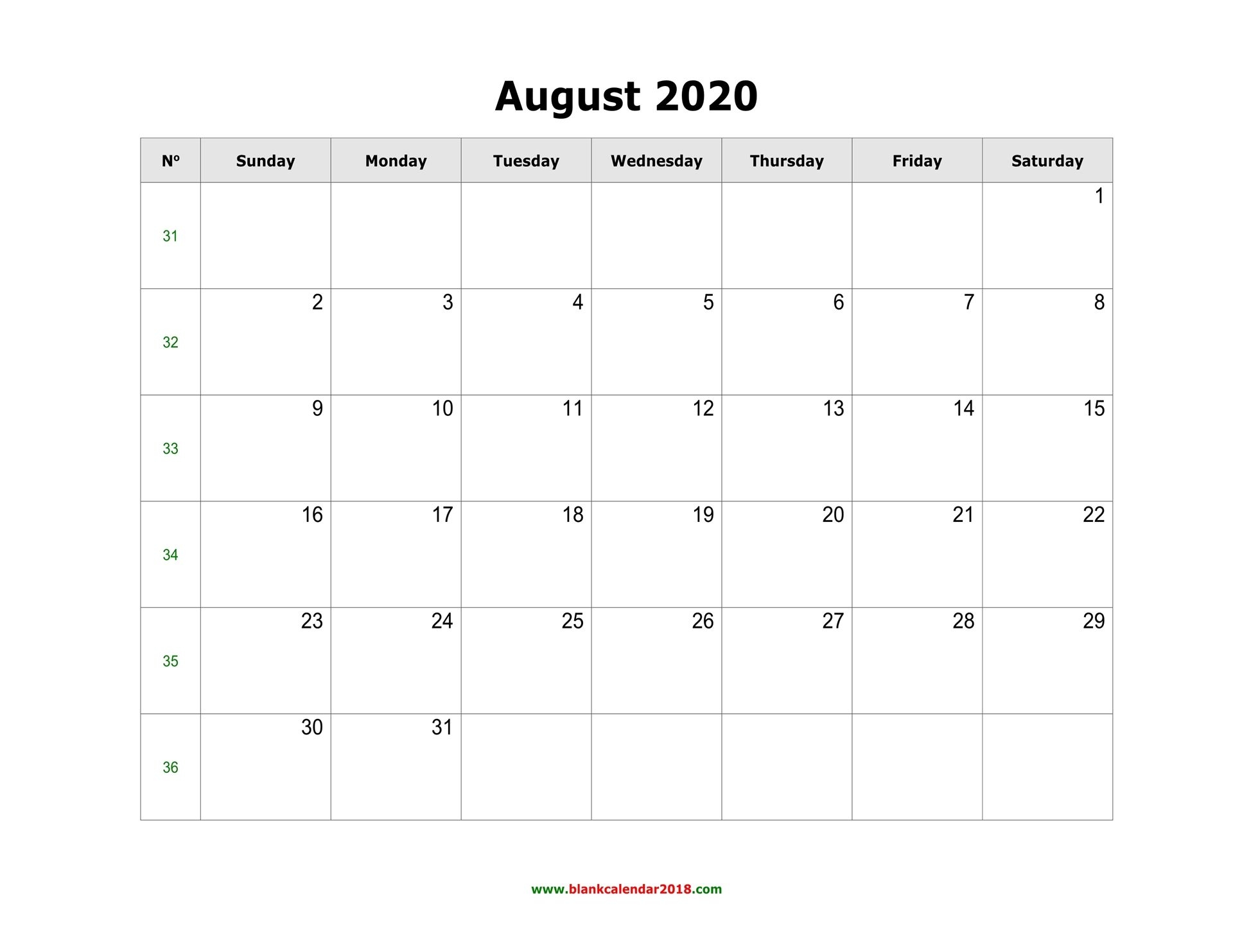 blank calendar for august 2020