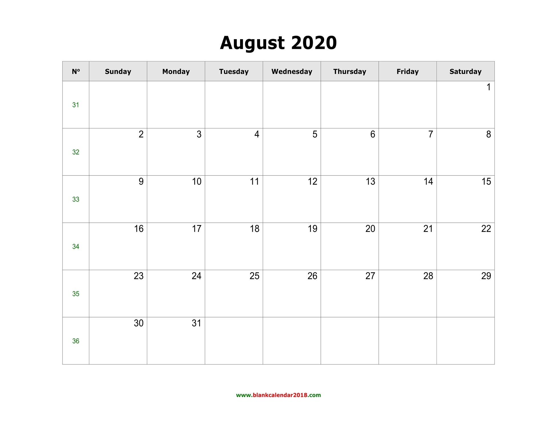 Blank Calendar For August 2020