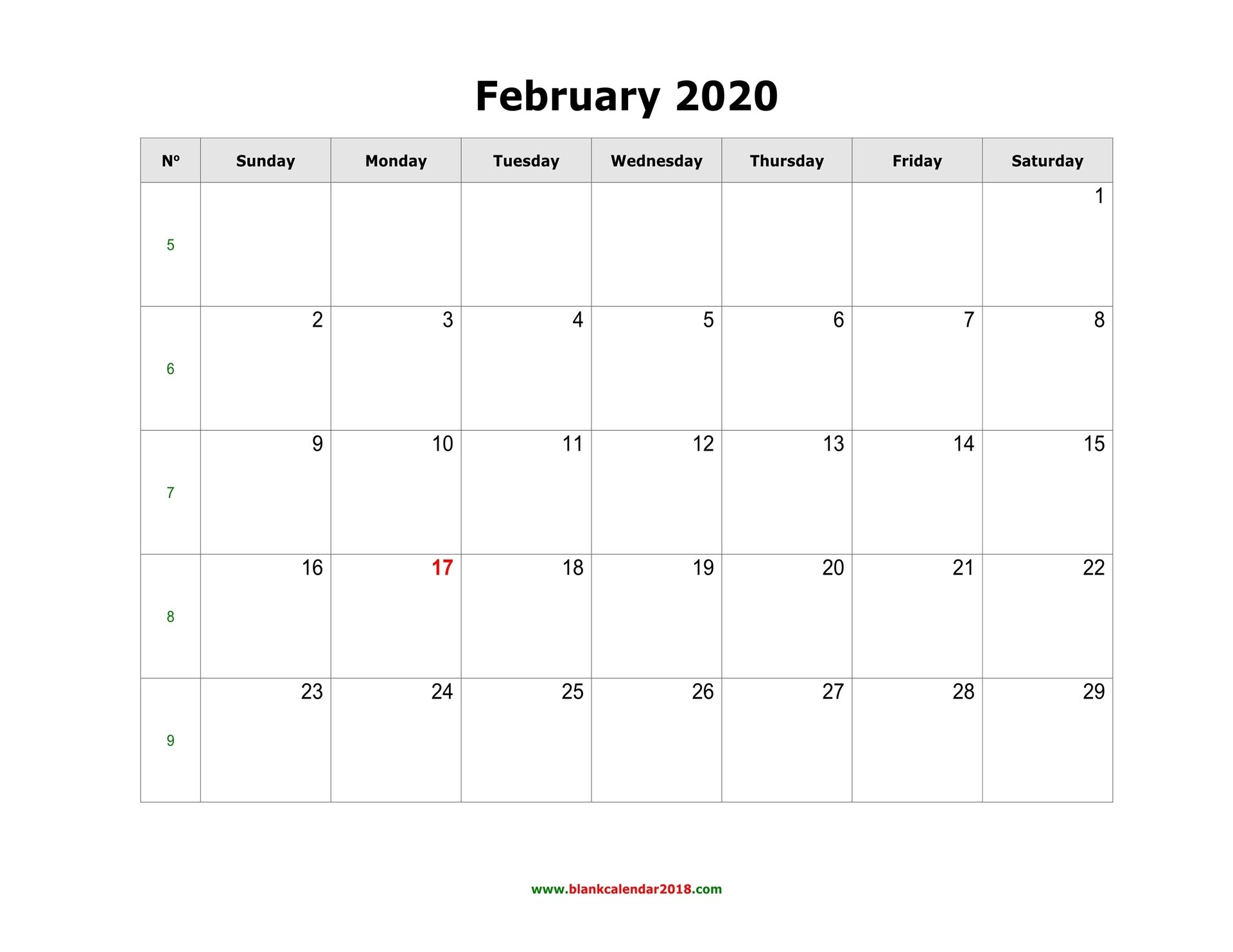 blank calendar for february 2020