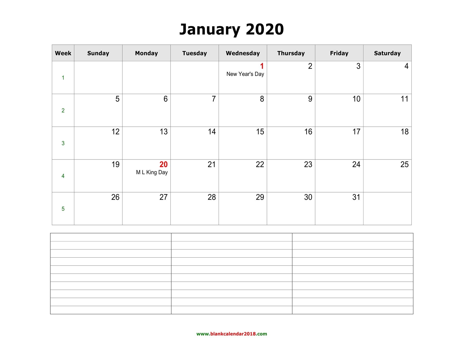 Blank Calendar For January 2020
