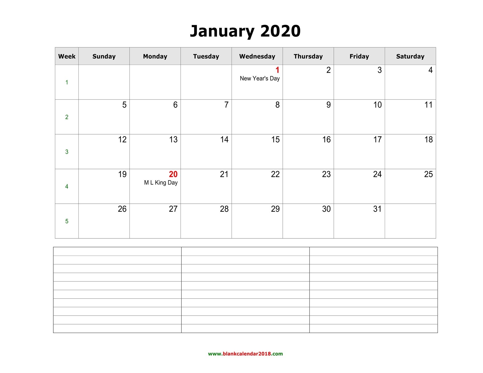 blank calendar for january 2020