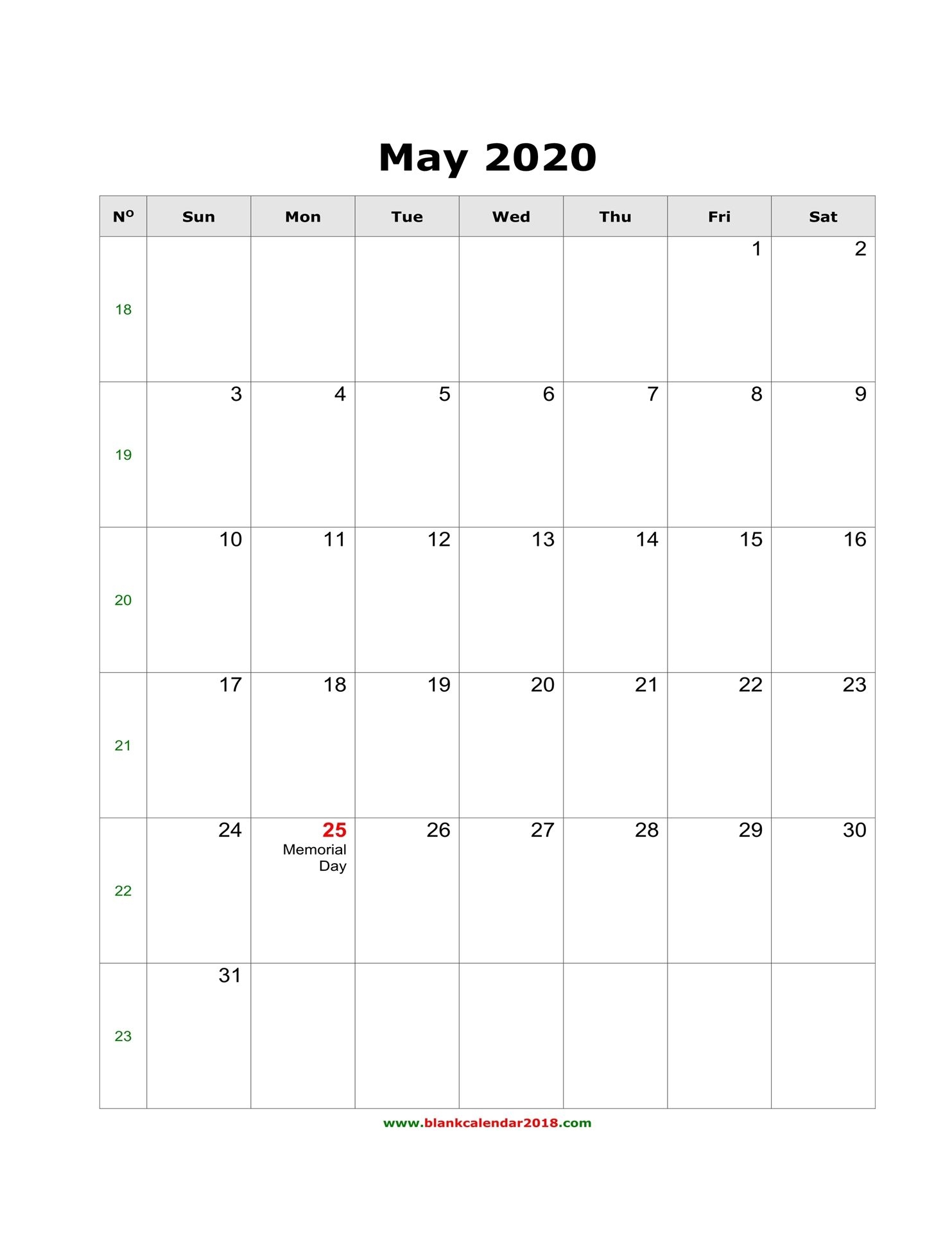 Blank Calendar For May 2020