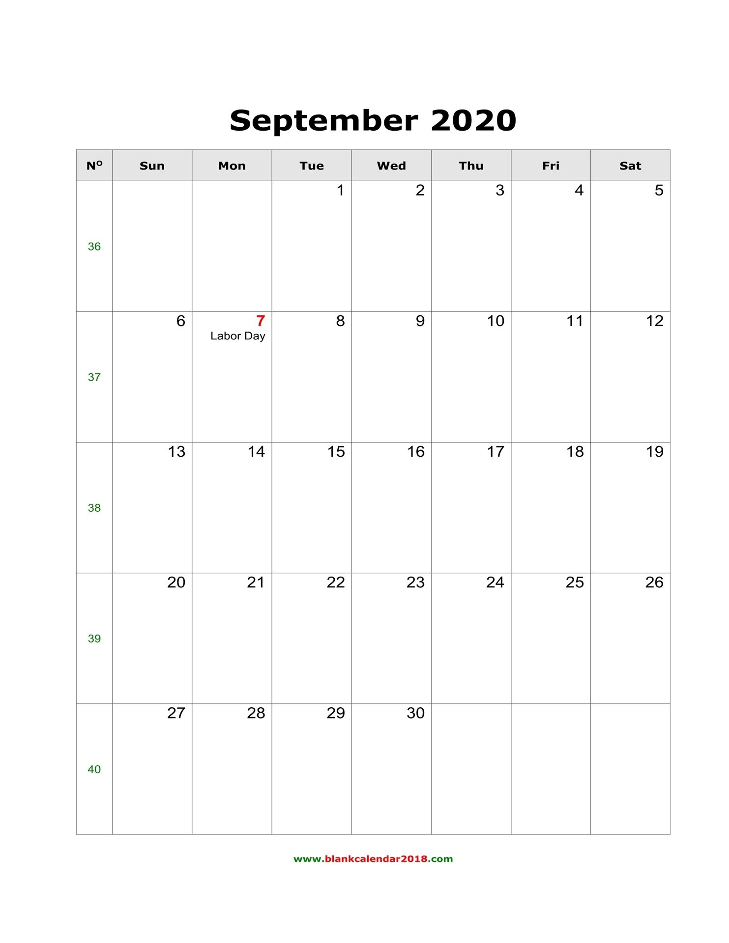 blank calendar for september 2020