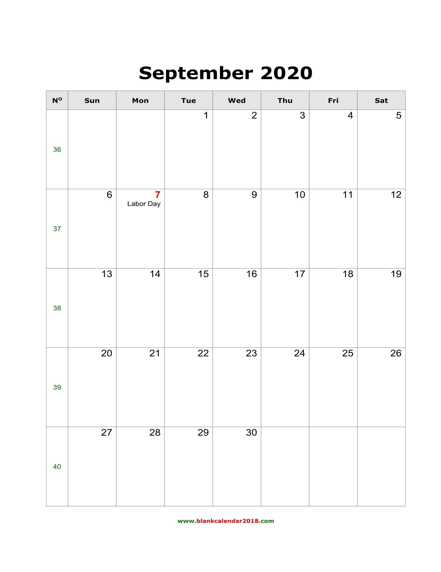 Blank Calendar For September 2020