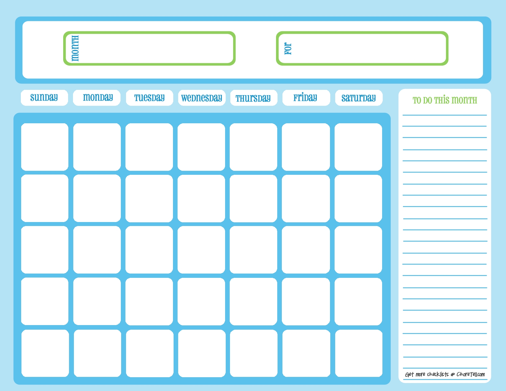 blank chore calendar, one month, full page, blue on light
