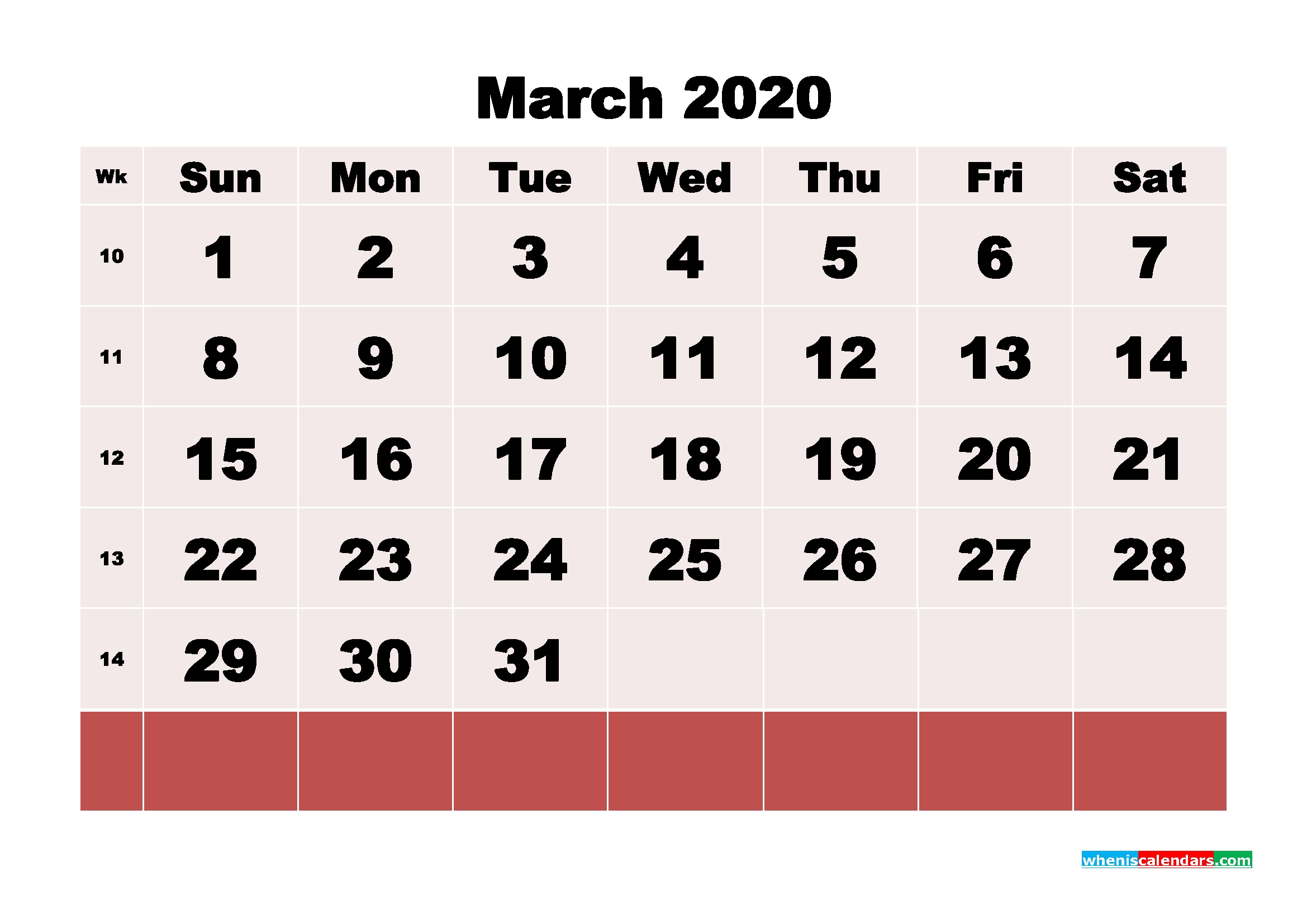 Blank March 2020 Calendar Printable – No M20b123 – Free