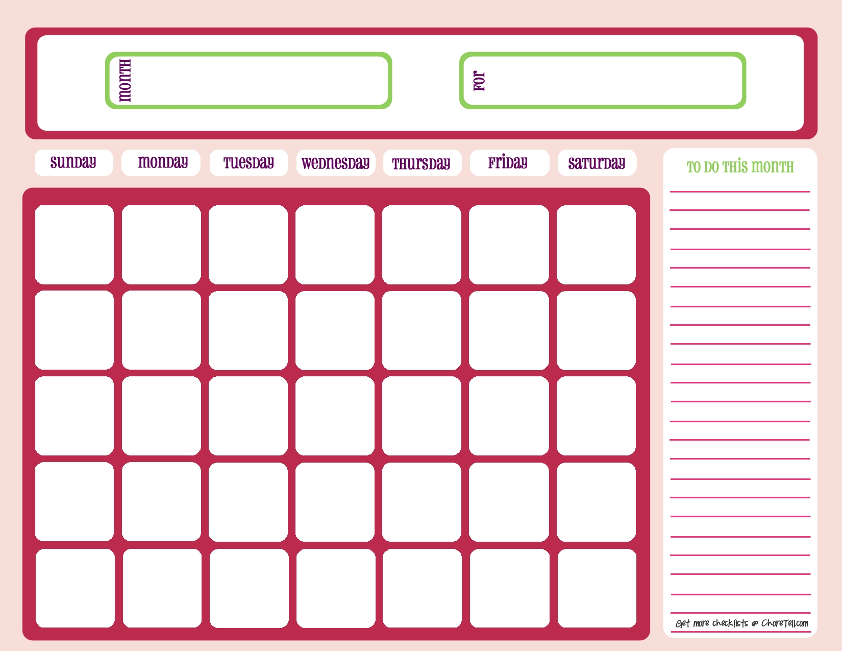 Blank Month Calendar – Pinks | Printable Blank Calendar