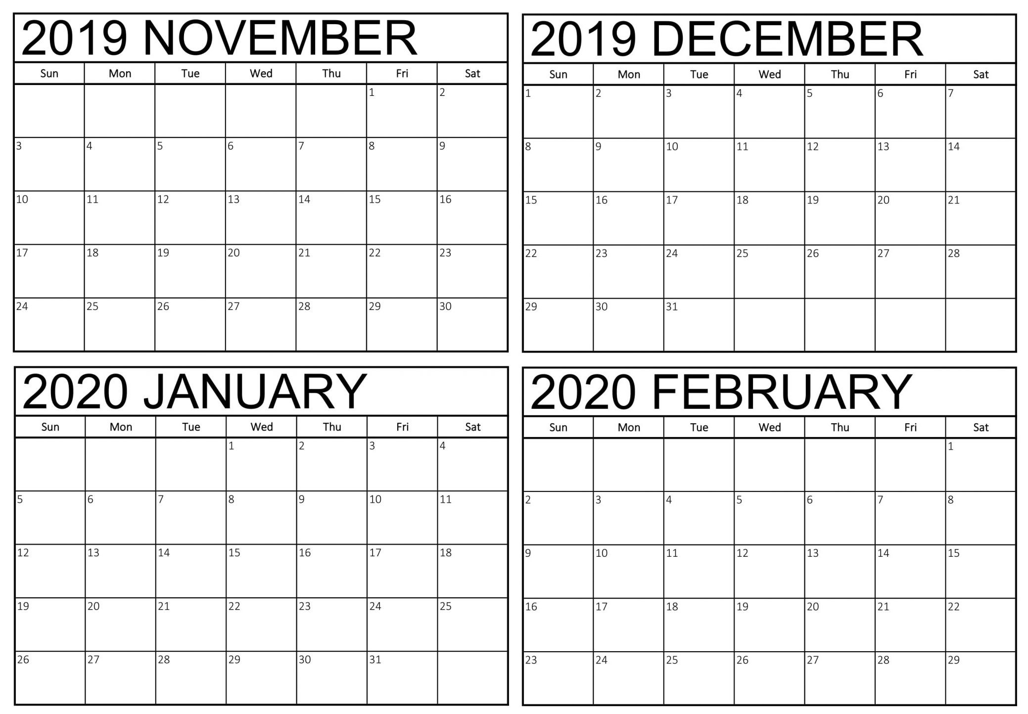Blank November 2019 To February 2020 Calendar 2019