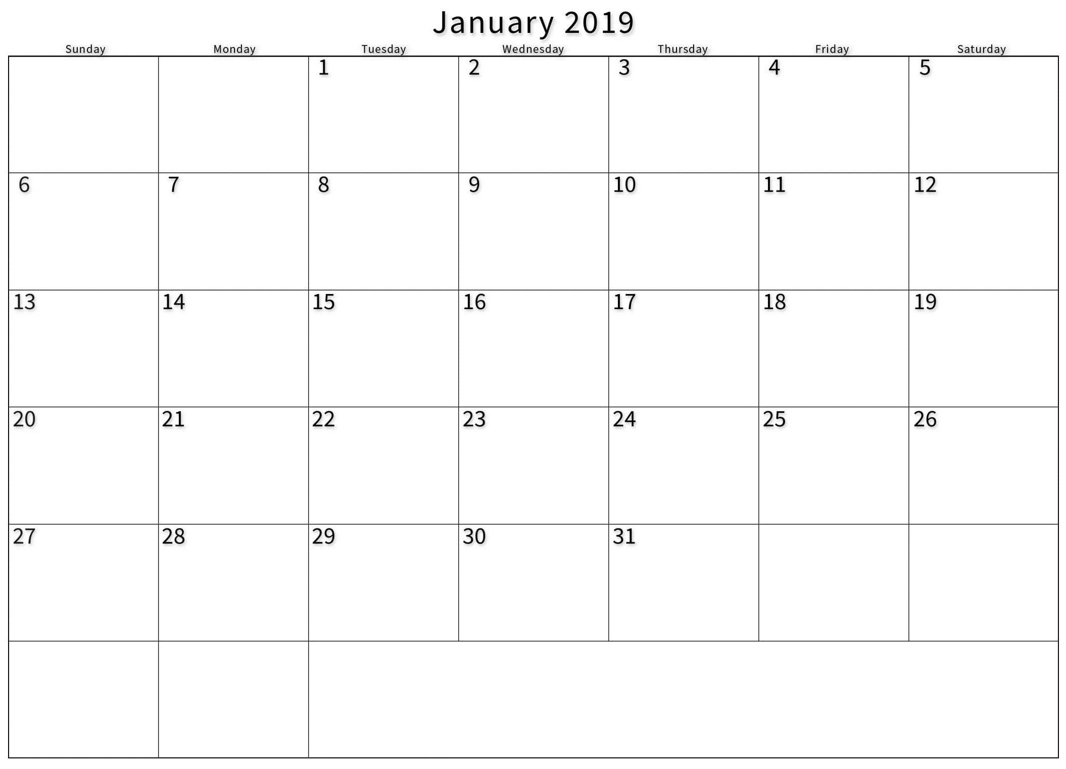 Blank Printable Calendar January 2019 | Calendar, Blank