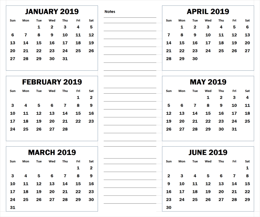 blank six month 2019 printable calendar | calendar