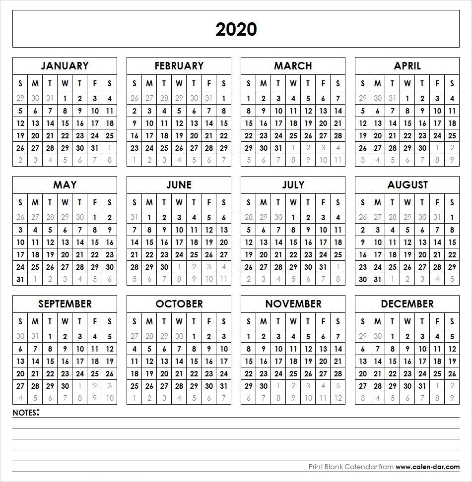 blank template for printable calendar 2020 with notes
