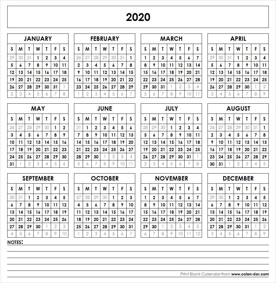 Blank Template For Printable Calendar 2020 With Notes