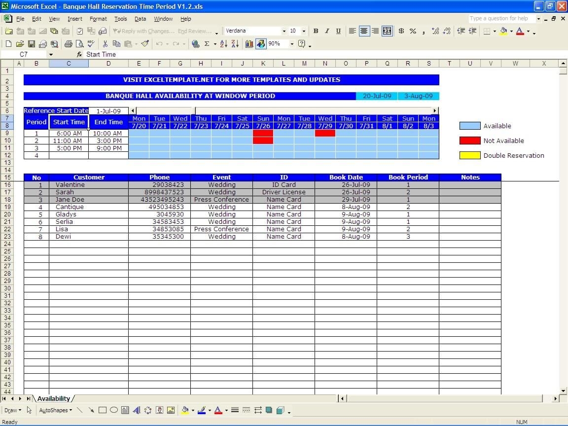 booking and reservation calendar » the spreadsheet page
