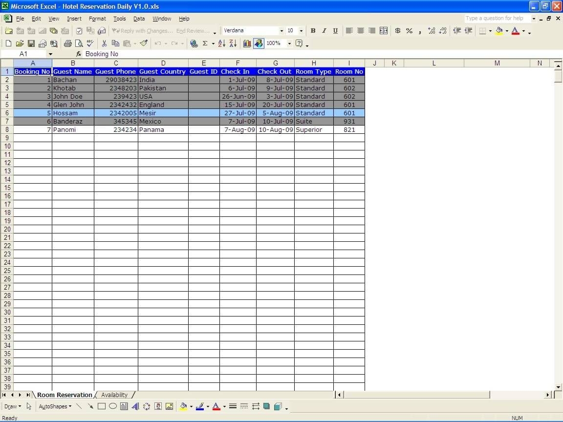 booking and reservation calendar » the spreadsheet page