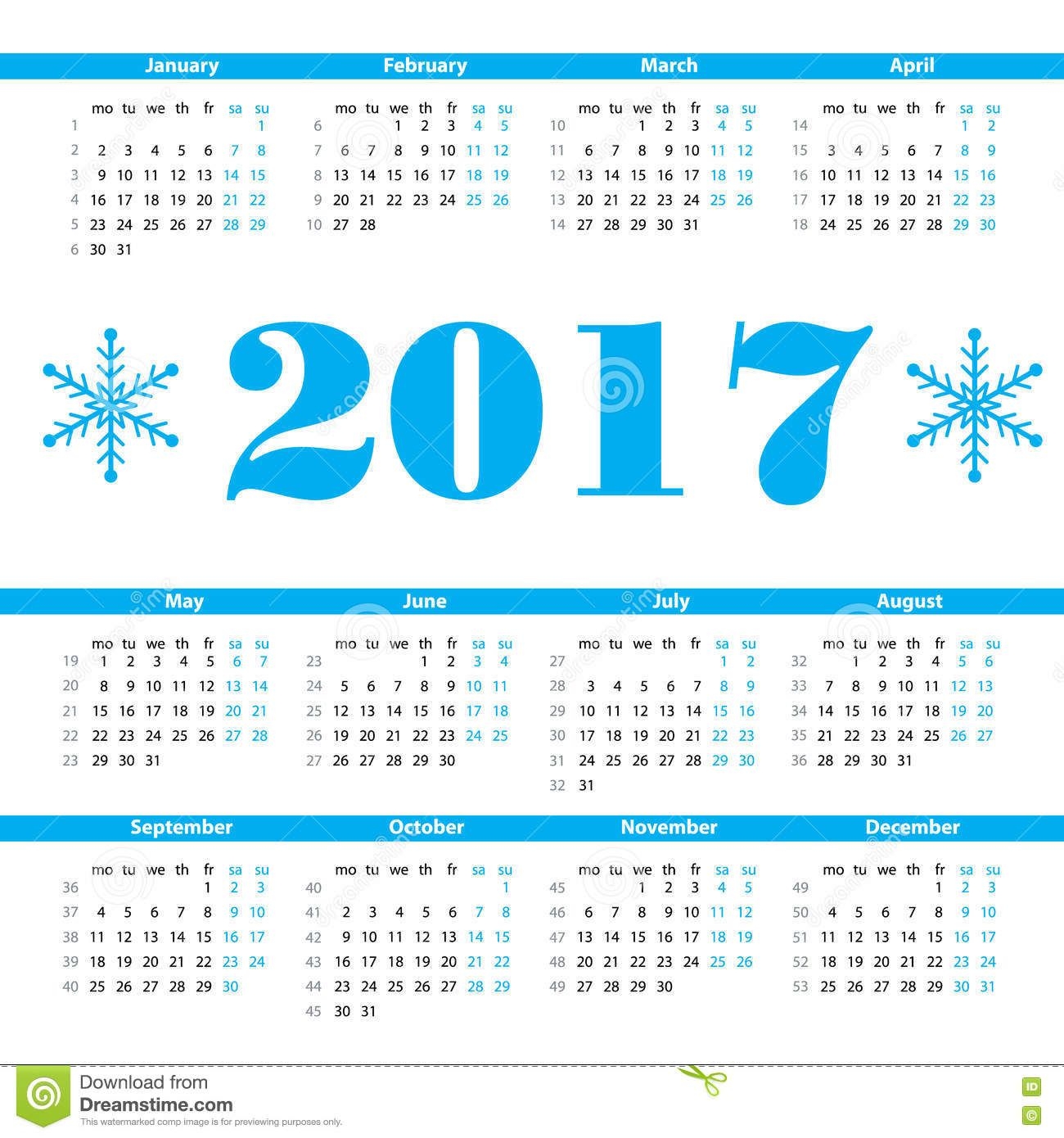 Calendar 2017 Year Vector Design Template With Week Numbers