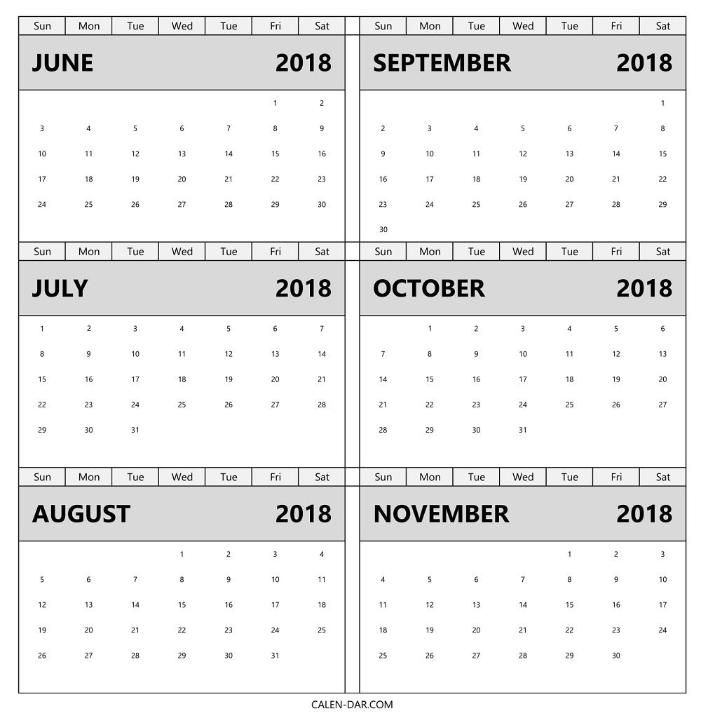 Calendar 2018 June To November | June July August September
