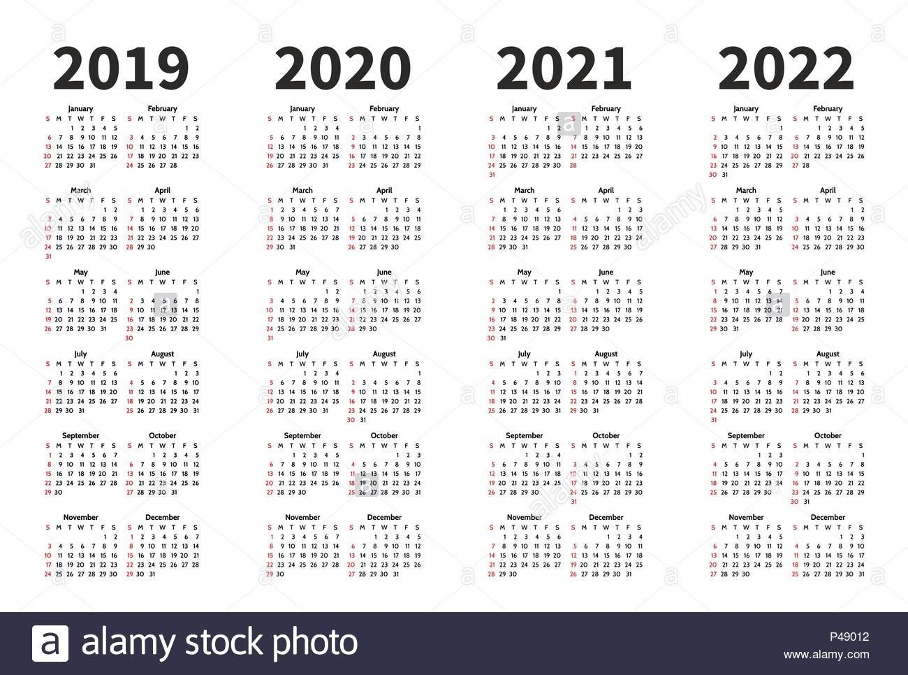 calendar 2019, 2020, 2021 and 2022 year vector design