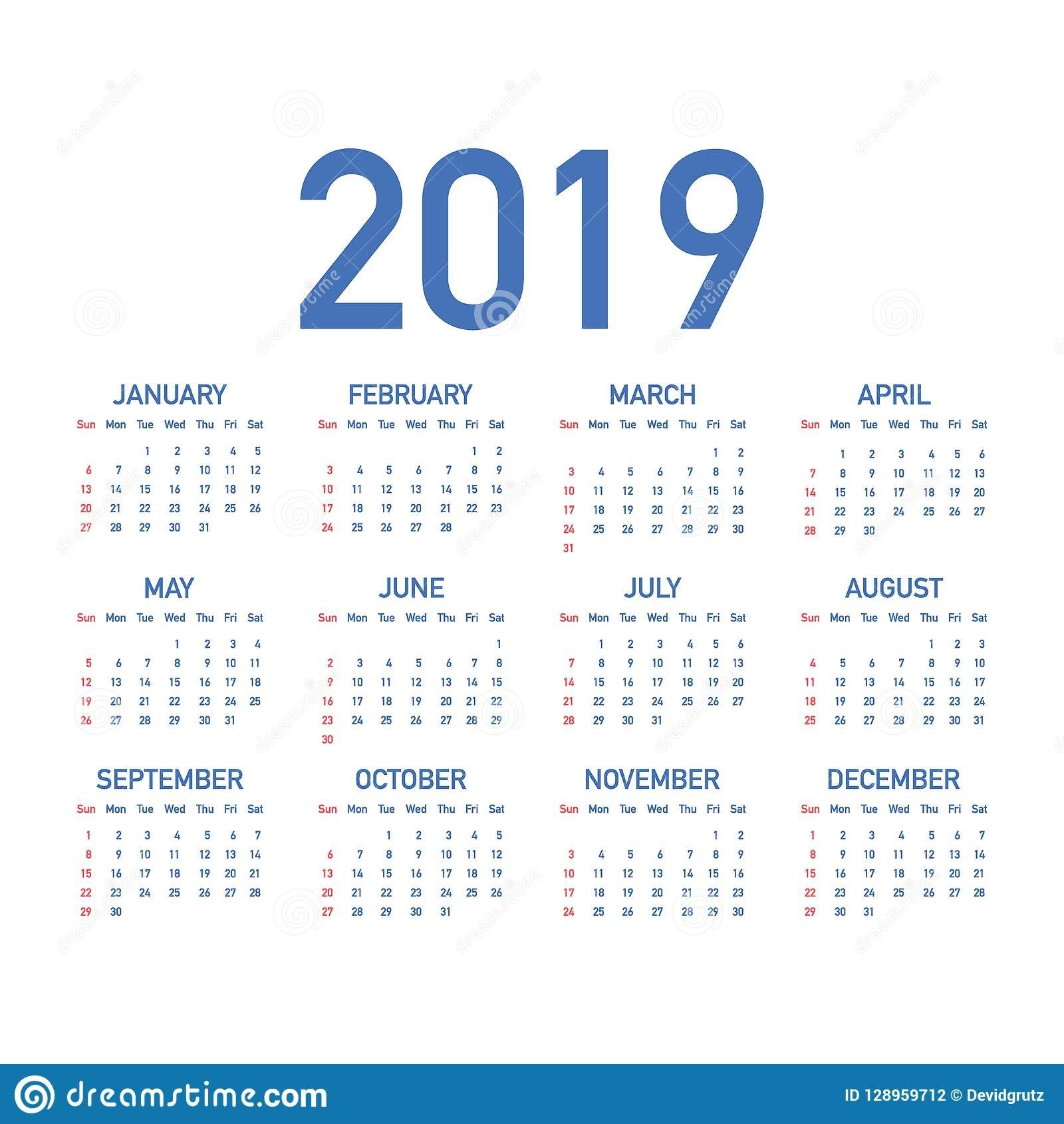 Calendar 2019, Week Starts From Sunday, Business Template