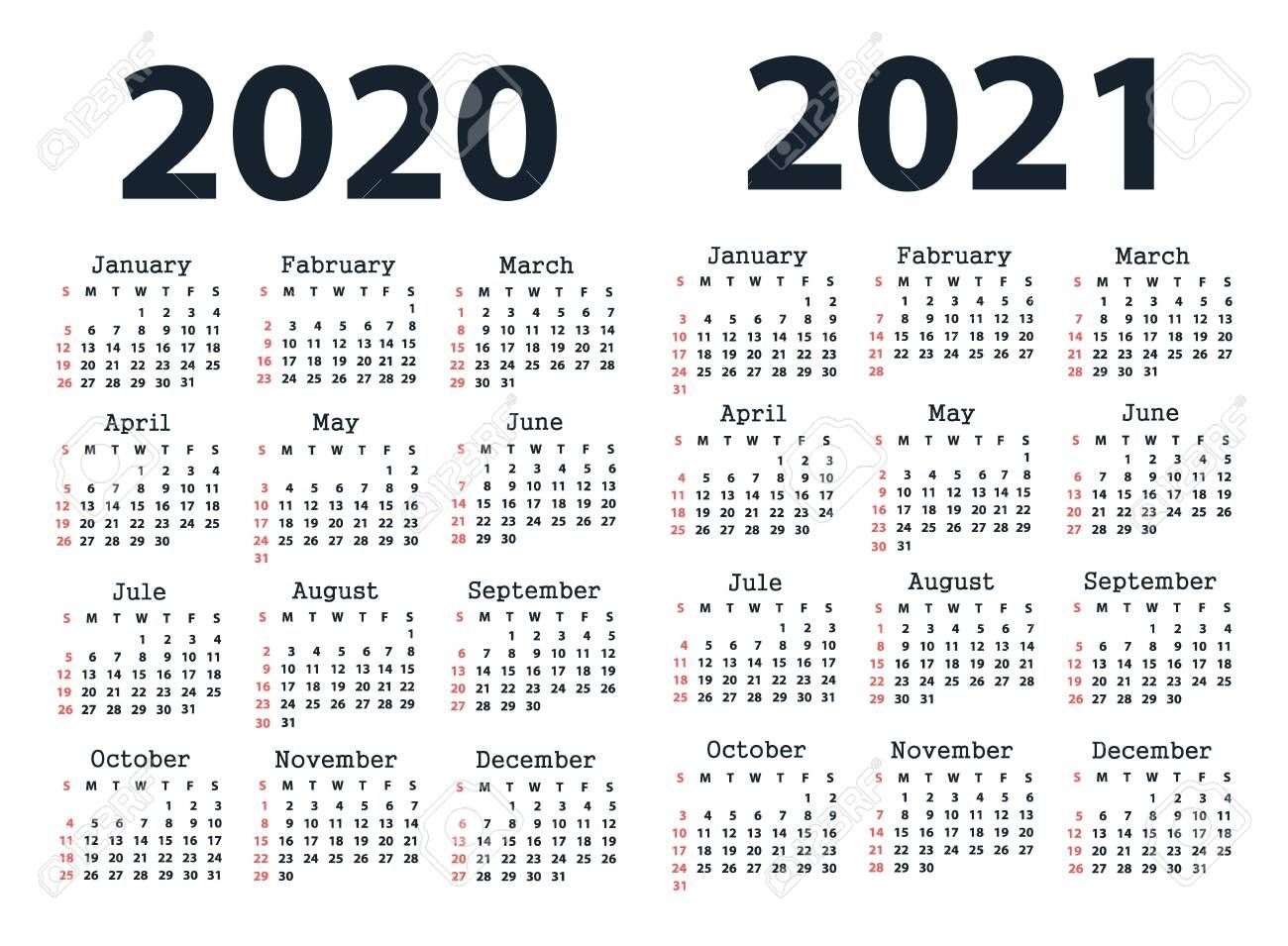 calendar 2020 and calendar 2021 starting from sunday vector